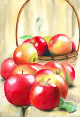 Watercolor pencil illustration of a basket with some red juicy apples on a wooden table