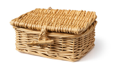 Handmade wicker basket isolated on white background.