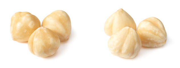 Shelled hazelnuts isolated on white background.
