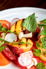 Summer salads with crabs, meet and fresh vegetable salad. Diet food. Top view