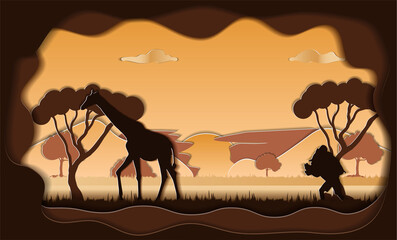 a paper-cut postcard with a savannah, a giraffe and a tourist photographer on a sunset background. vector illustration