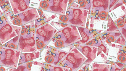 Financial illustration. Rectangular seamless pattern or wallpaper. Obverse of Chinese 100 yuan banknotes scattered randomly in a mess - obrazy, fototapety, plakaty