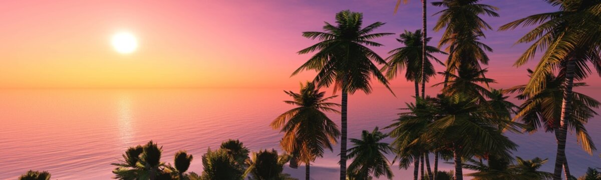 Palm trees and sea sunset in palm trees, seascape with palm trees and sun, 3d rendering