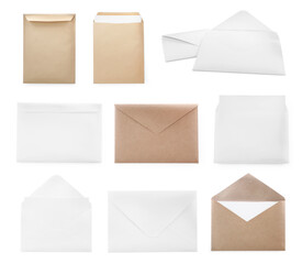 Set with different blank paper envelopes on white background