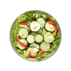 Delicious salad with cucumbers, red bell pepper and feta cheese in bowl isolated on white, top view
