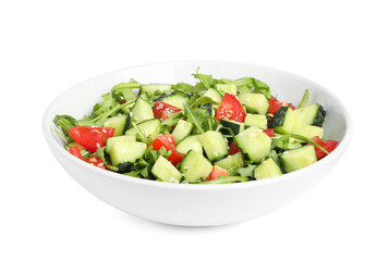 Delicious salad with cucumbers, tomatoes and sesame in bowl isolated on white