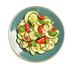 Delicious salad with cucumbers isolated on white, top view