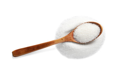 Wooden spoon and granulated sugar isolated on white, top view