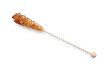 Wooden stick with sugar crystals isolated on white. Tasty rock candy