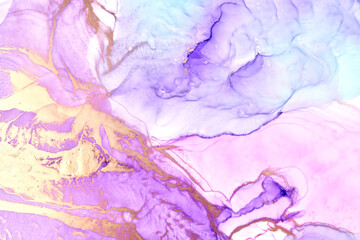 Lilac gold ink luxury abstract background, marble texture, fluid art pattern wallpaper, violet paint mix underwater wavy spots and stains