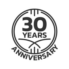 30th Anniversary logo or icon. 30 years round stamp design. Birthday celebrating, jubilee circle badge or label template. Vector illustration.