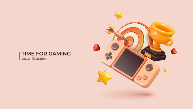 eSport or cyber sport concept. Realistic 3d design of Game console, Trophy Cup and hit target. 3D Vector illustration in cartoon minimal style.