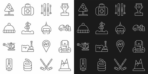 Set line Mountains, Hiking backpack, Ice resurfacer, Ski and sticks, Road traffic signpost, Winter hat, avalanches and lift icon. Vector