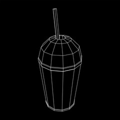 Paper cup with straw. Drink Fast food. Wireframe vector illustration