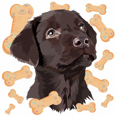 Chocolate Labrador puppy on the background of toys for dogs. Dog portrait. Vector illustration