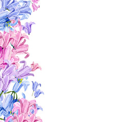 Blue, pink, violet wildflower border watercolor illustration. Hand drawn flower frame bluebells. Elegant garden small flowers in color trendy very peri for wedding invitation