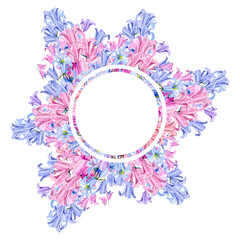 Blue, pink, violet wildflower frame watercolor illustration. Hand drawn flower wreath bluebells. Elegant garden small flowers in color trendy for wedding invitation