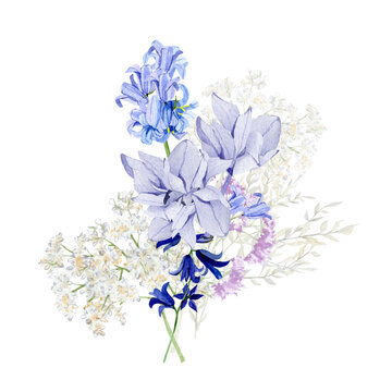 Violet floral bouquet watercolor illustration wedding card with hand drawn boho flower bluebells and wildflowers. Elegant garden blue and white flowers in color trendy very peri.
