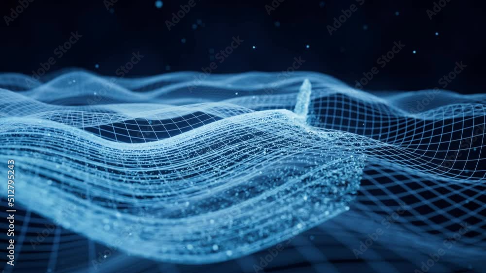 Poster flowing particles with glowing lines, 3d rendering.