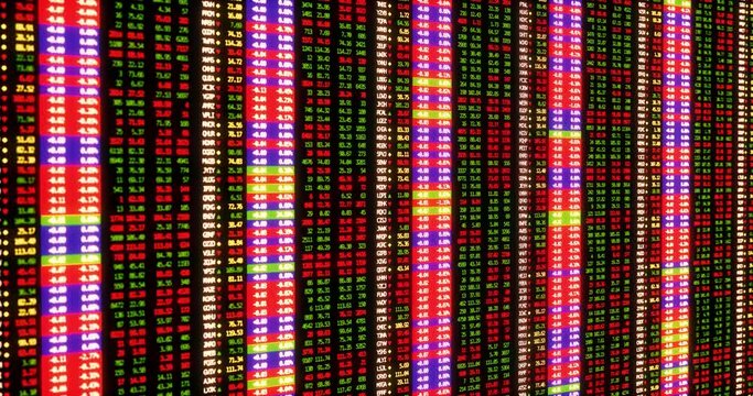 Falling stock market trading quotes ticker board with random fictional company names. Mathematically correct simulation of security prices, buyers and sellers asks/bids count.