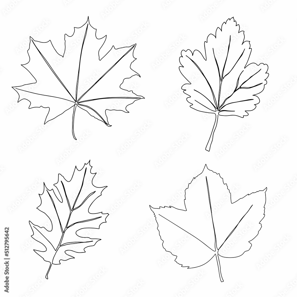 Sticker a set of autumn leaves drawn with a continuous line. autumn leaf in one line style icon vector illus