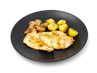 Cooked chicken breast with mushrooms and potatoes isolated on white background