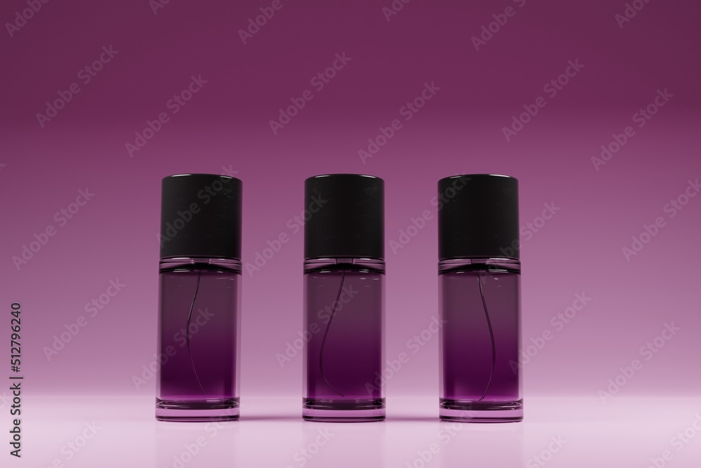 Poster front view of three transparent perfume bottle on 3d rendering