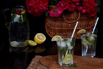 Colorful infused water with lemon, lime, mint and strawberries. Healthy natural summer cocktails. Refreshing, diet, detox, natural, fortified water. Hard zeltzer, nootropics. Summertime beverages.
