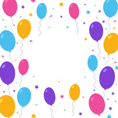 Background with balloons. Background of balloons, confetti and stars for birthday, anniversary and party. A group of flat balloons for celebration. Happy decoration. Colorful flying balloons.