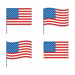 A set of flags of America. US flags of different shapes. Flag with a flagpole. Flat style. The vector illustration is isolated on a white background.