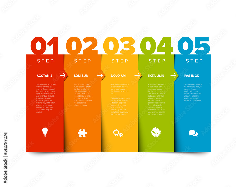 Poster five color steps elements columns template with big numbers
