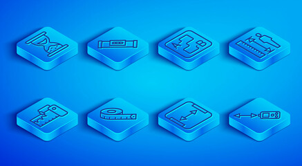 Fototapeta premium Set line Old hourglass with sand, Construction bubble level, Route location, Measuring tape, Area measurement, height body, instrument and Laser distance measurer icon. Vector