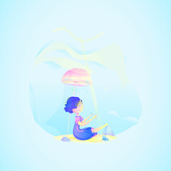 Young woman, girl with cat pet sitting on a beach. The female is located under colorful sun umbrella, sunshade, she is putting her feet on the stone and drawing, writing something.