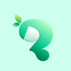 Q letter eco logo with curled corner and green leaves. Negative space style icon.
