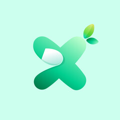 X letter eco logo with curled corner and green leaves. Negative space style icon.