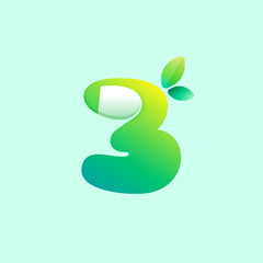 Number three eco logo with curled corner and green leaves. Negative space style icon.