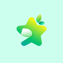 Obraz premium Star icon with curled corner and green leaves. Negative space style emblem.