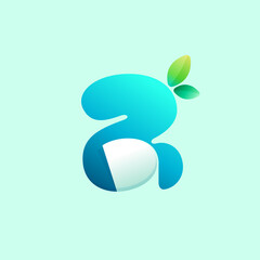 Number two eco logo with curled corner and green leaves. Negative space style icon.