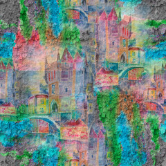 Graffiti of old town on the wall with watercolor splash. Seamless pattern.