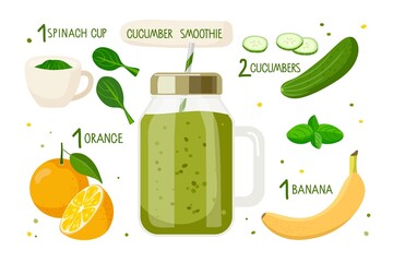 Cucumber smoothie recipe. Mason jar with smoothie and ingredients for cooking. Flat cartoon vector illustration For cafe menu, store, cooking class, recipe. Organic shake recipe. Healthy nutrition. 