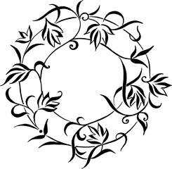 Fototapeta premium Floral ornament framed in a circle. Hand drawn compositions with decorative flowers. Outline drawing calligraphy. Vintage botanical illustrations.