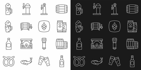 Set line Beer bottle, Wooden barrel, can, tap, Glass of beer, mug and Hop icon. Vector