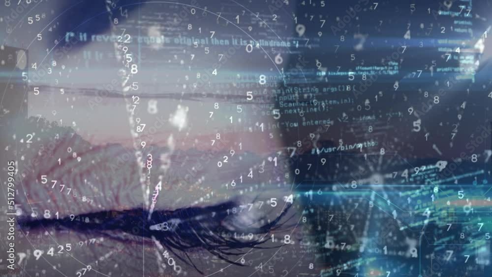 Poster screens with data processing and multiple changing numbers against close up of a female eye