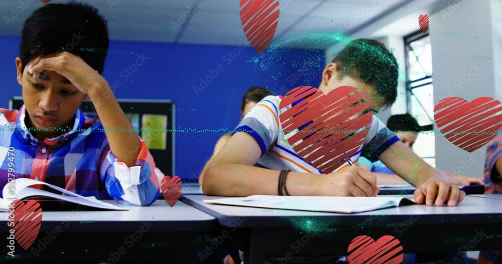 Poster multiple red heart icons falling and data processing over students studying in the class at school