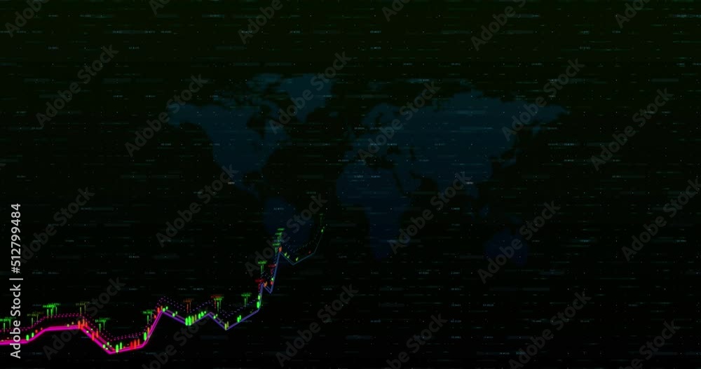 Poster digital animation of financial data processing over world map against black background