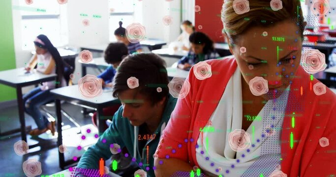 Pink flowers icons and data processing over caucasian female teacher smiling in the class at school