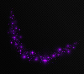 Sparkle dust light with bright particles. Purple wave flow glittering on transparent background. Magic light trail twinkle with flare stars.