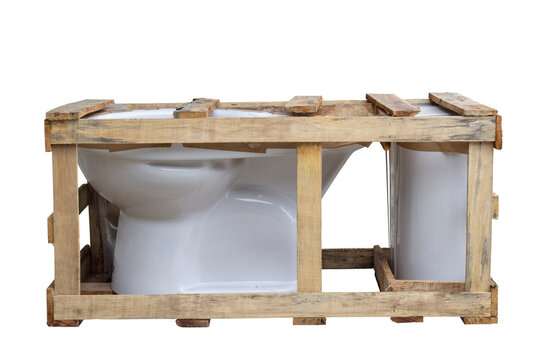 New ceramic Toilet Bowl in wooden box package isolated on white background included clipping path.