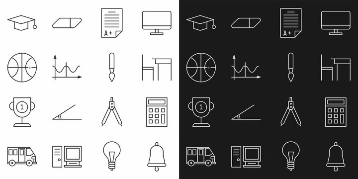 Set line Ringing bell, Calculator, School table and chair, Exam sheet with A plus grade, Graph, schedule, chart, diagram, Basketball ball, Graduation cap and Paint brush icon. Vector