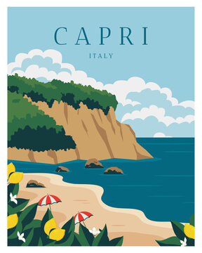 Summer Day In Capri Italy. Travel Poster With Minimalist Style Vector Illustration.